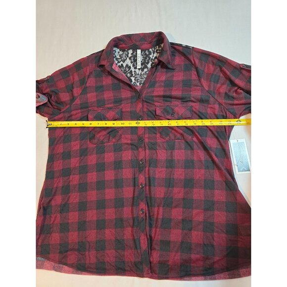 Red & Black Plaid Button-Up Shirt Lace Back Detail Roll-Up short Sleeves 2X Size - Picture 9 of 14
